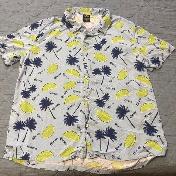 Corona Men’s Hawaiian Shirt Palm Tree Lime Print Short Sleeve 2XL - Picture 1 of 3